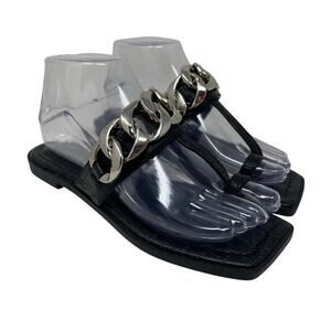 Women's Guess Ariya 2 Black Gold Chain Detail Embossed Flat Sandals 6.5